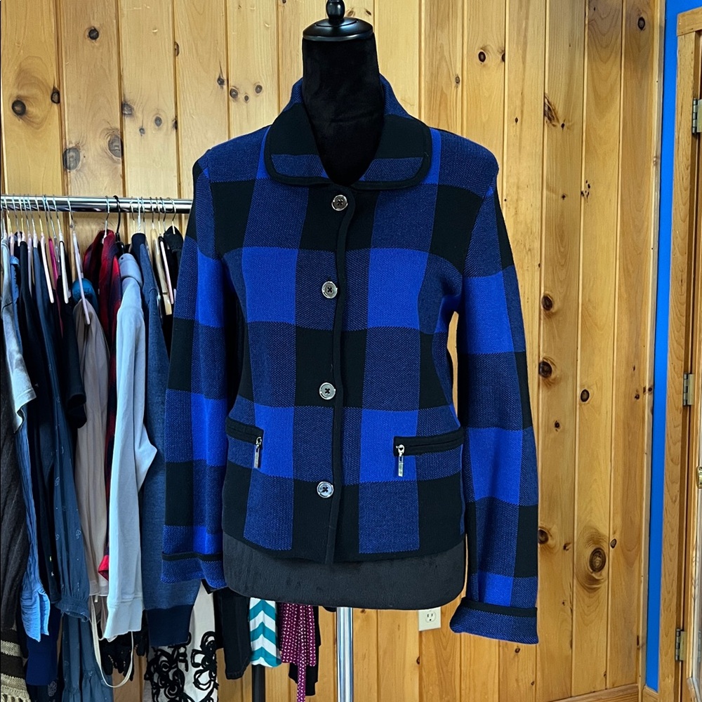 Jones New York cardigan blazer Blue Black Plaid office career professional small
